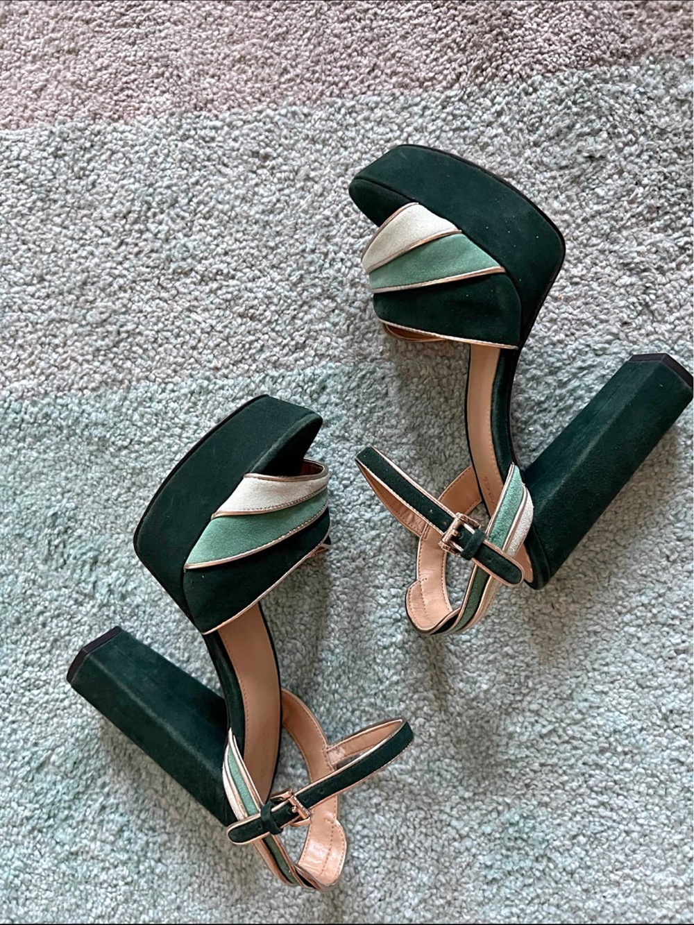Michael Kors Womens Dark Green & Teal Strappy Block Heel Sandals